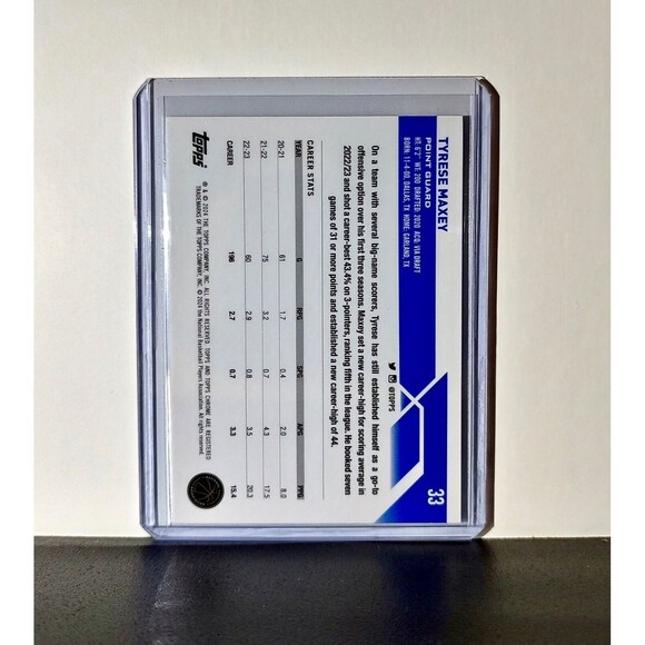 Tyrese Maxey 2023-24 Topps Chrome NBA #33 Blue Refractor Card Philadelphia 76ers - Picture 2 of 2